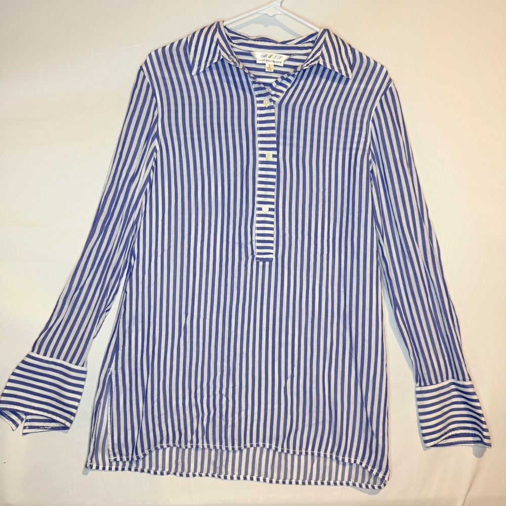 MSSP Max Studio Blue White Striped Long Sleeve Tunic Top Viscose Large 7D01S36